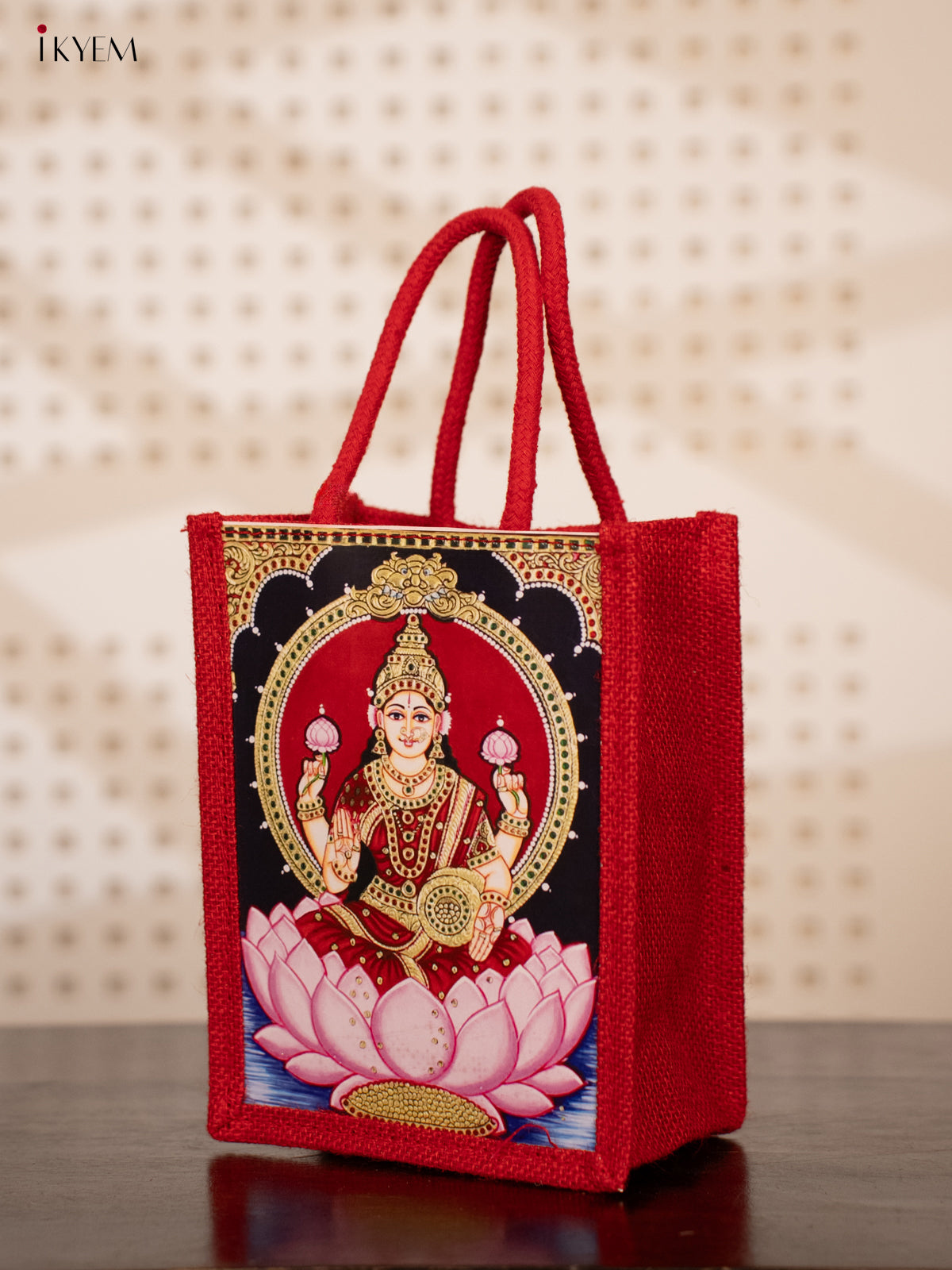 Eco-Friendly Tanjore Style Lakshmi Printed Jute Bags - KE21113