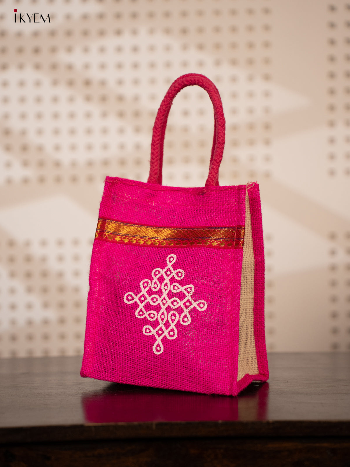 Pink Jute Bags for Return Gifts with Kolam Prints and Zari Accents - KE21115