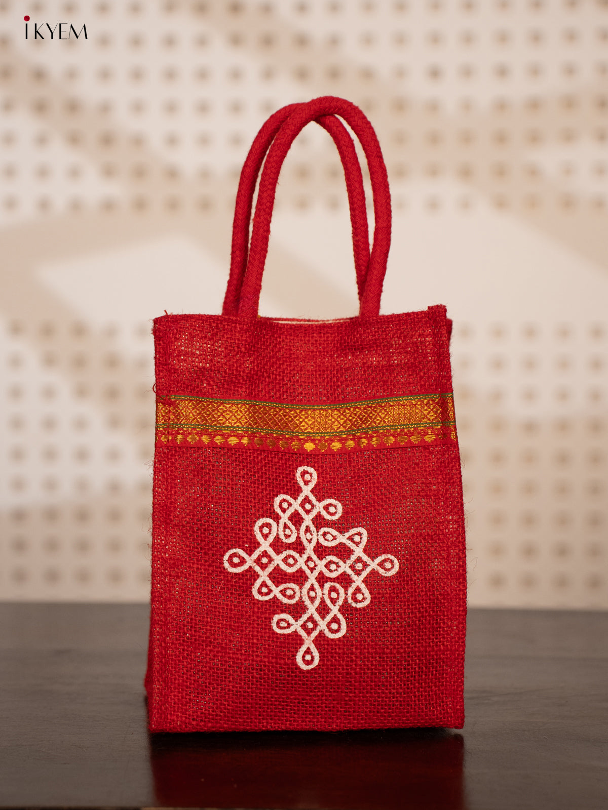 Red Jute Bags for Return Gifts with Kolam Prints and Zari Accents - KE21116