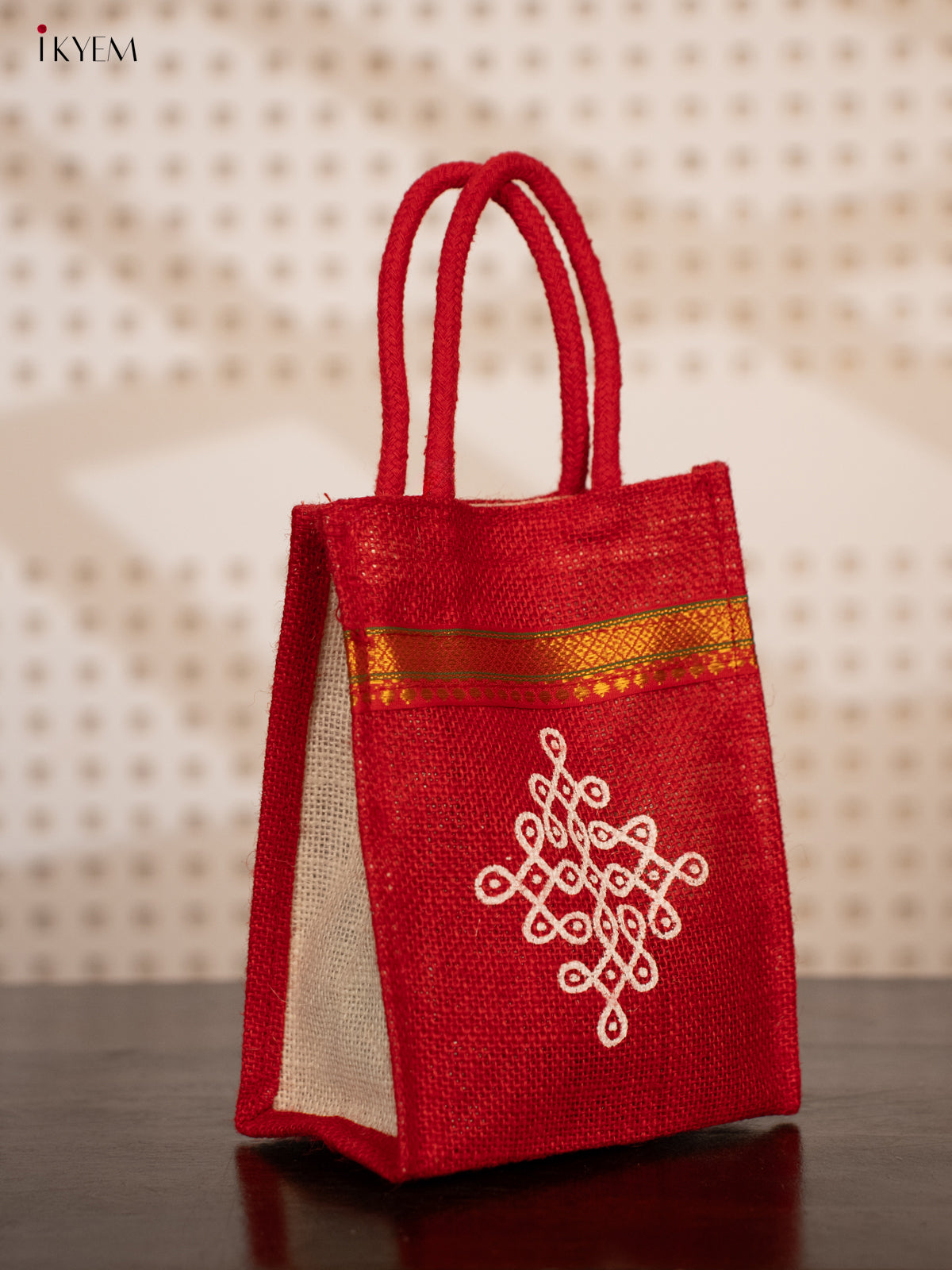 Red Jute Bags for Return Gifts with Kolam Prints and Zari Accents - KE21116