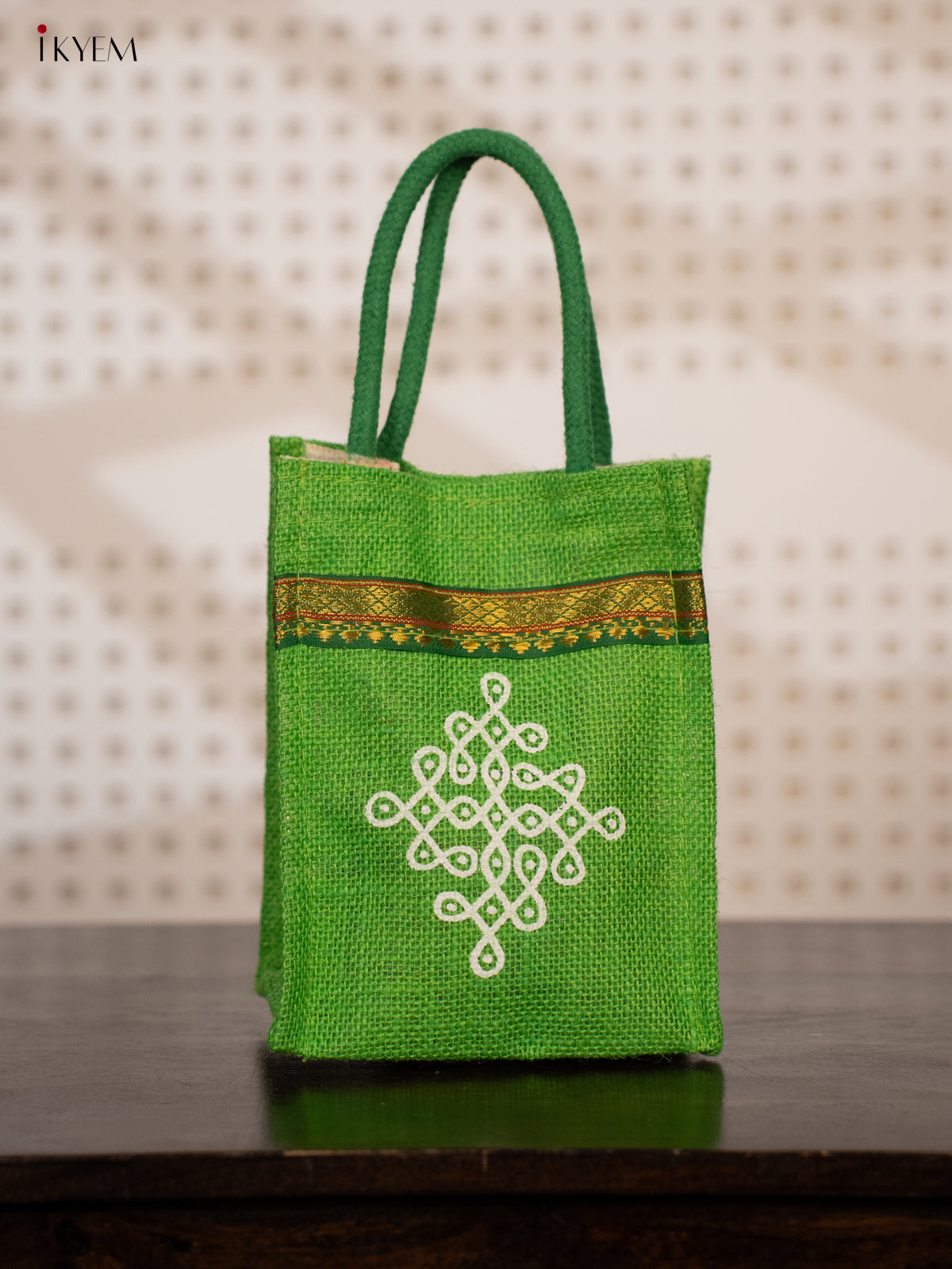 Green Jute Bags for Return Gifts with Kolam Prints and Zari Accents - KE21117