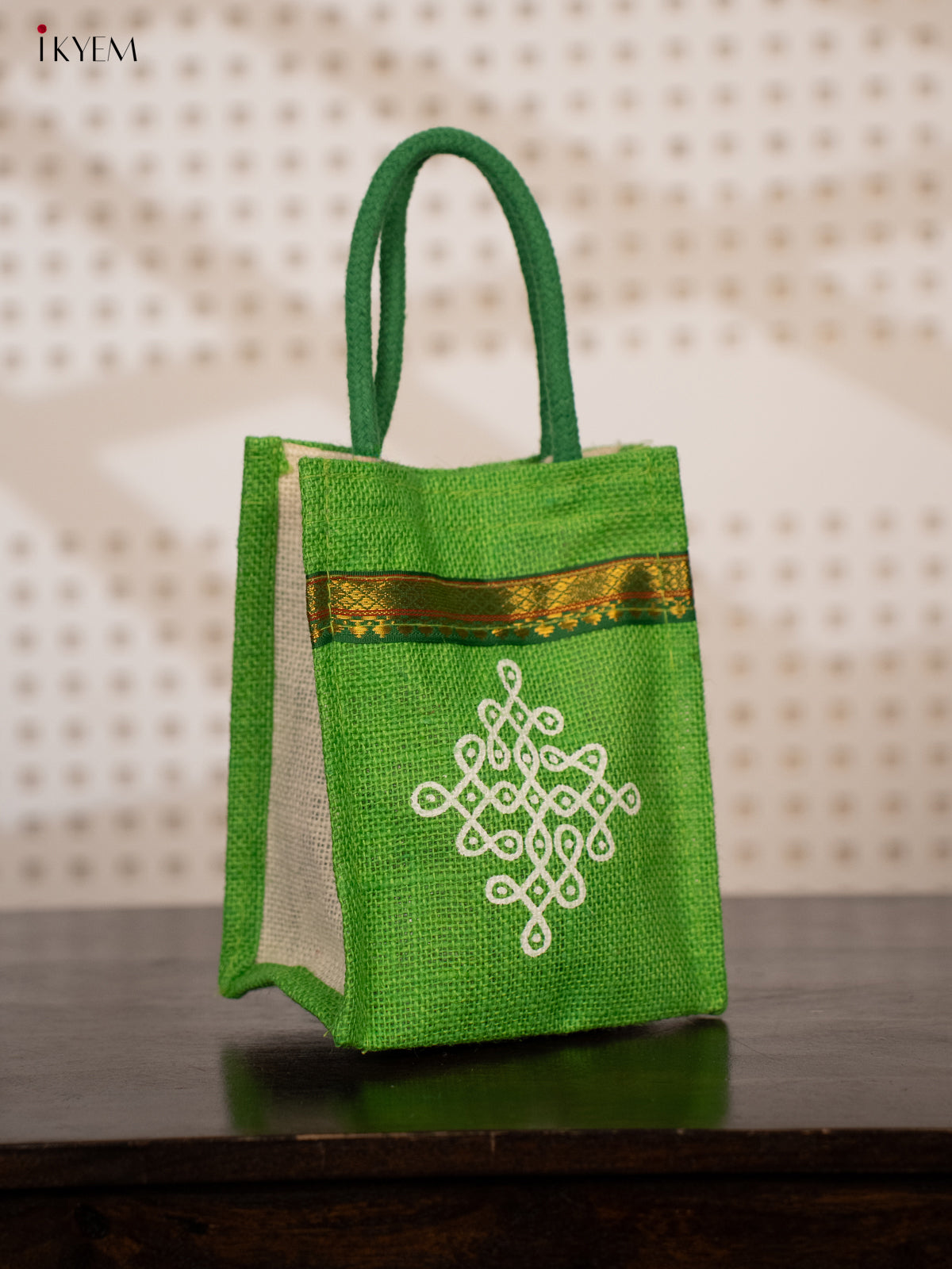Green Jute Bags for Return Gifts with Kolam Prints and Zari Accents - KE21117
