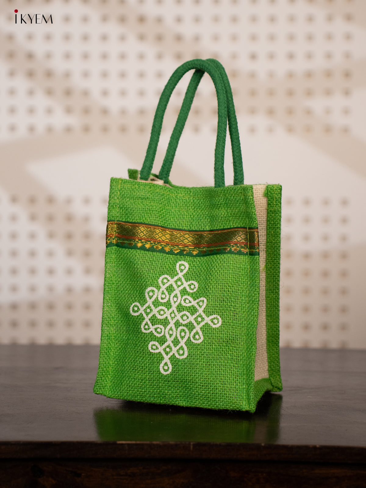 Green Jute Bags for Return Gifts with Kolam Prints and Zari Accents - KE21117