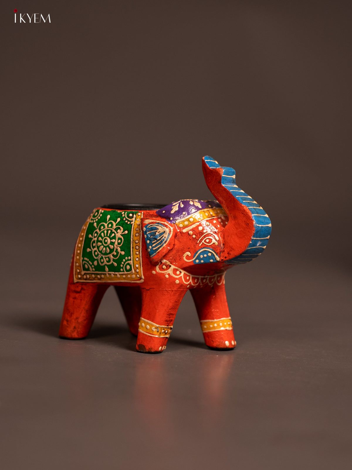 Wooden Hand painted T lite elephant - orange - KE24111