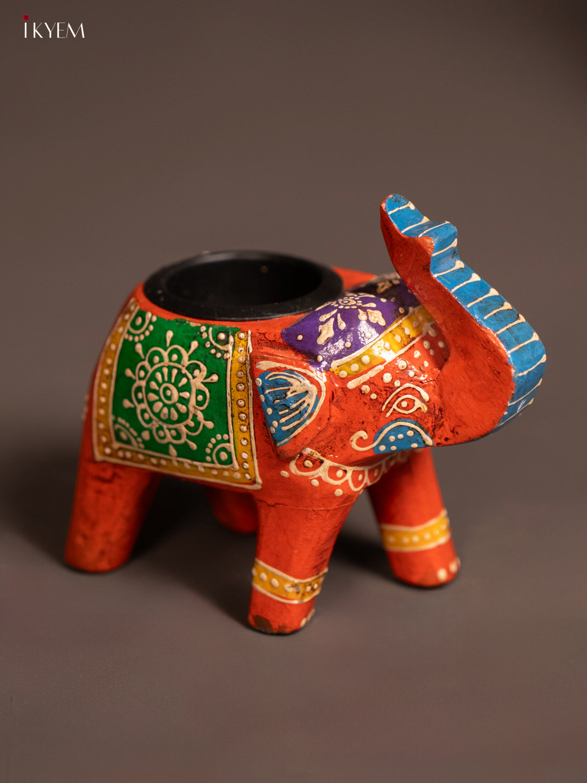 Wooden Hand painted T lite elephant - orange - KE24111