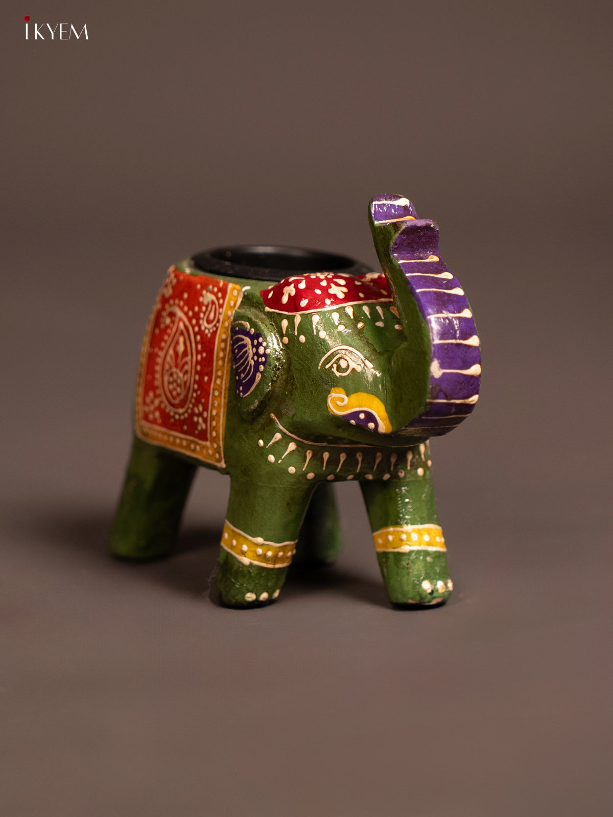 Wooden Hand painted T lite elephant - Green - KE24112
