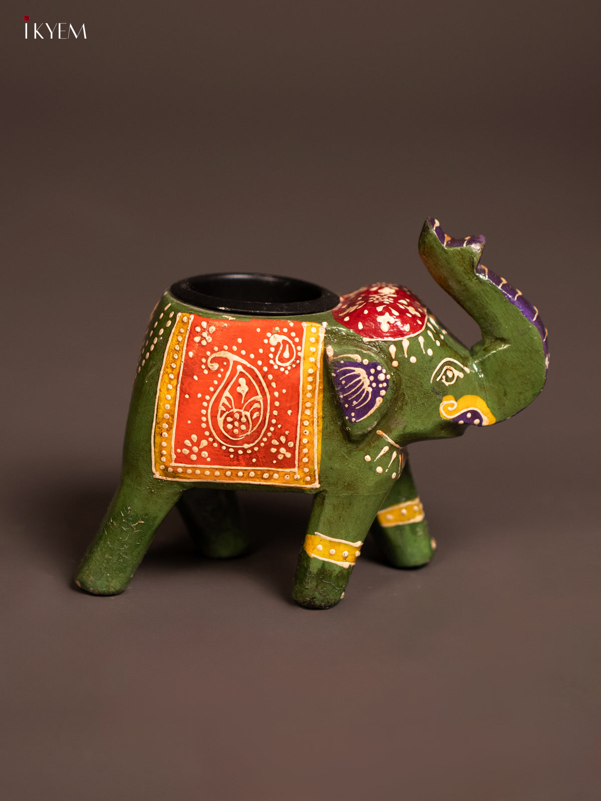 Wooden Hand painted T lite elephant - Green - KE24112