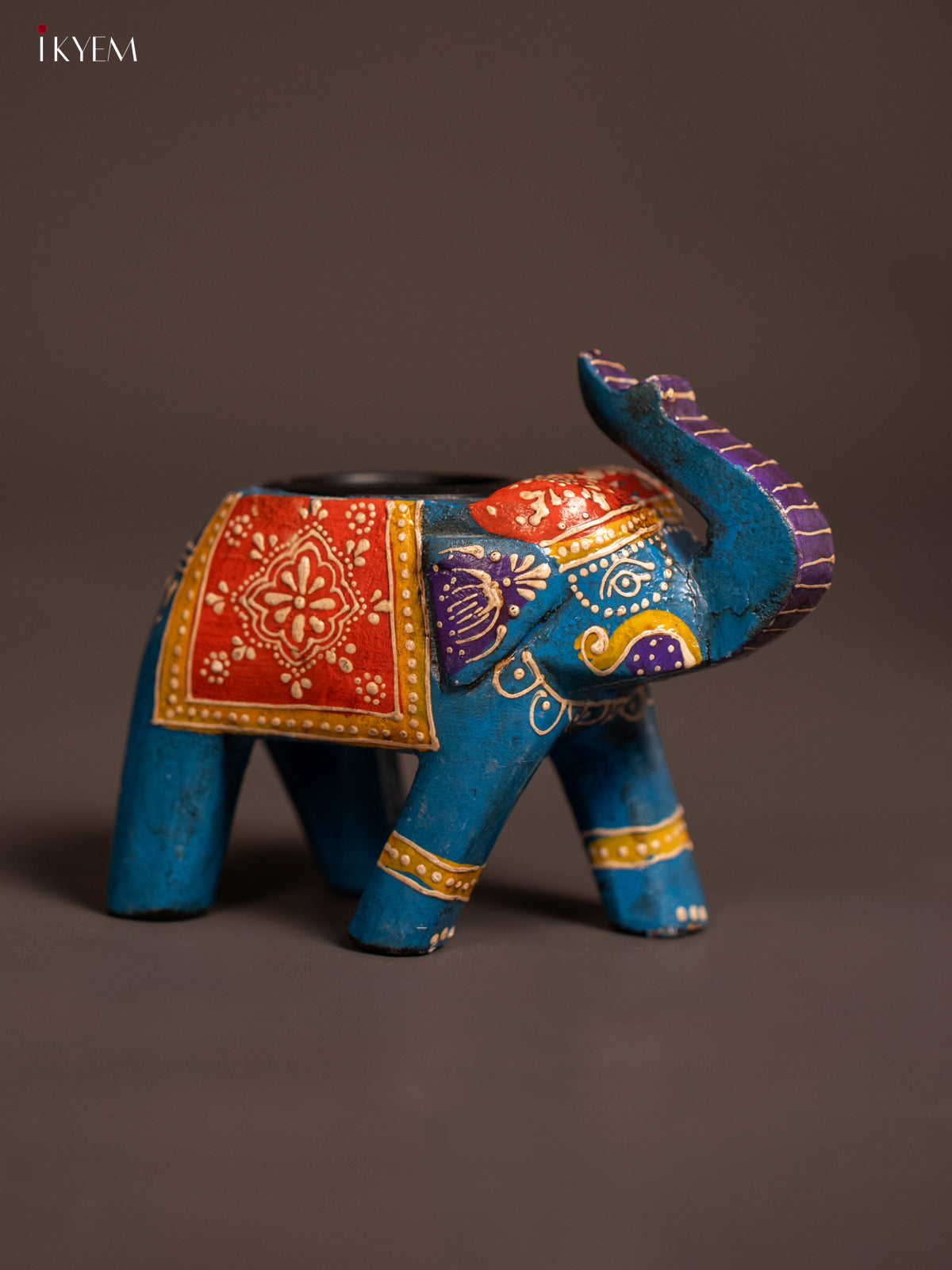 Wooden Hand painted T lite elephant - Blue - KE24114