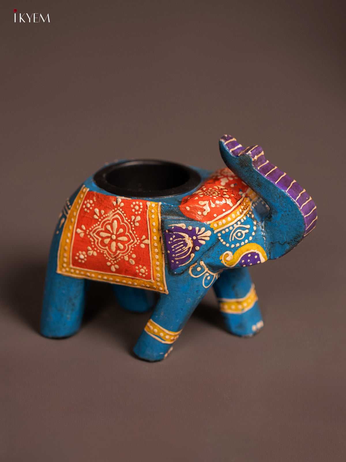 Wooden Hand painted T lite elephant - Blue - KE24114