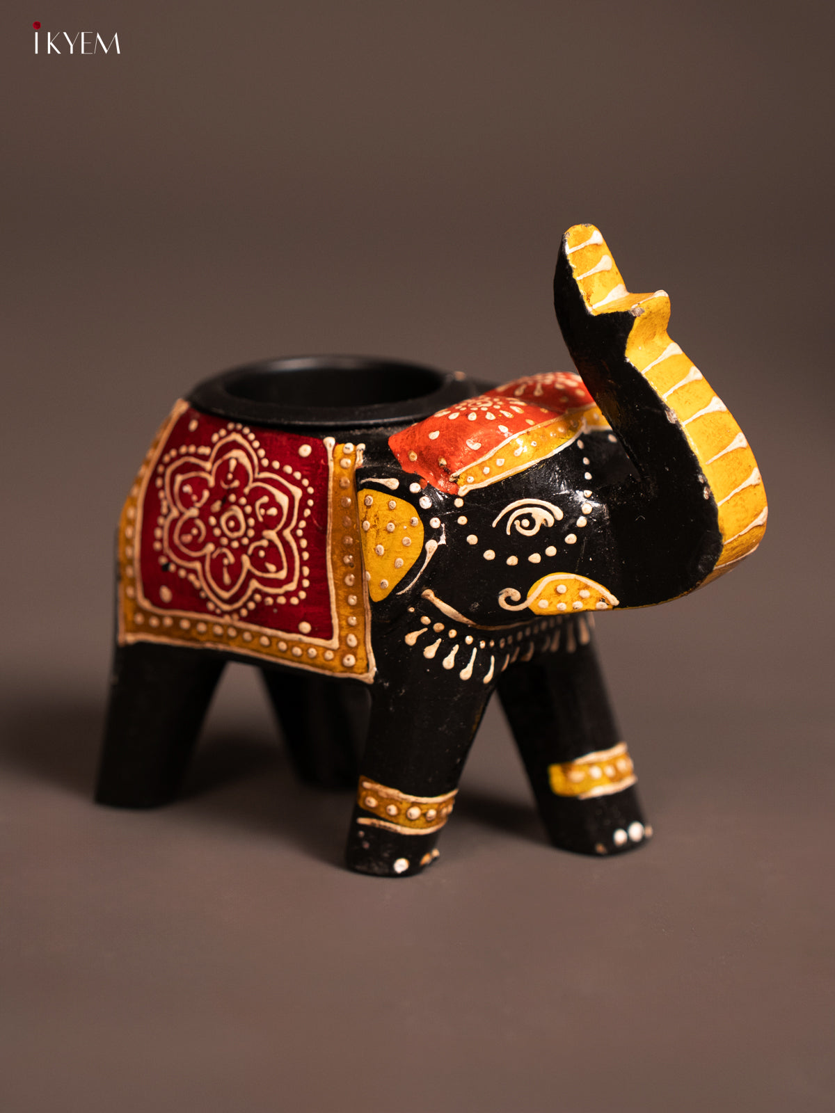 Wooden Hand painted T lite elephant - Black - KE24116