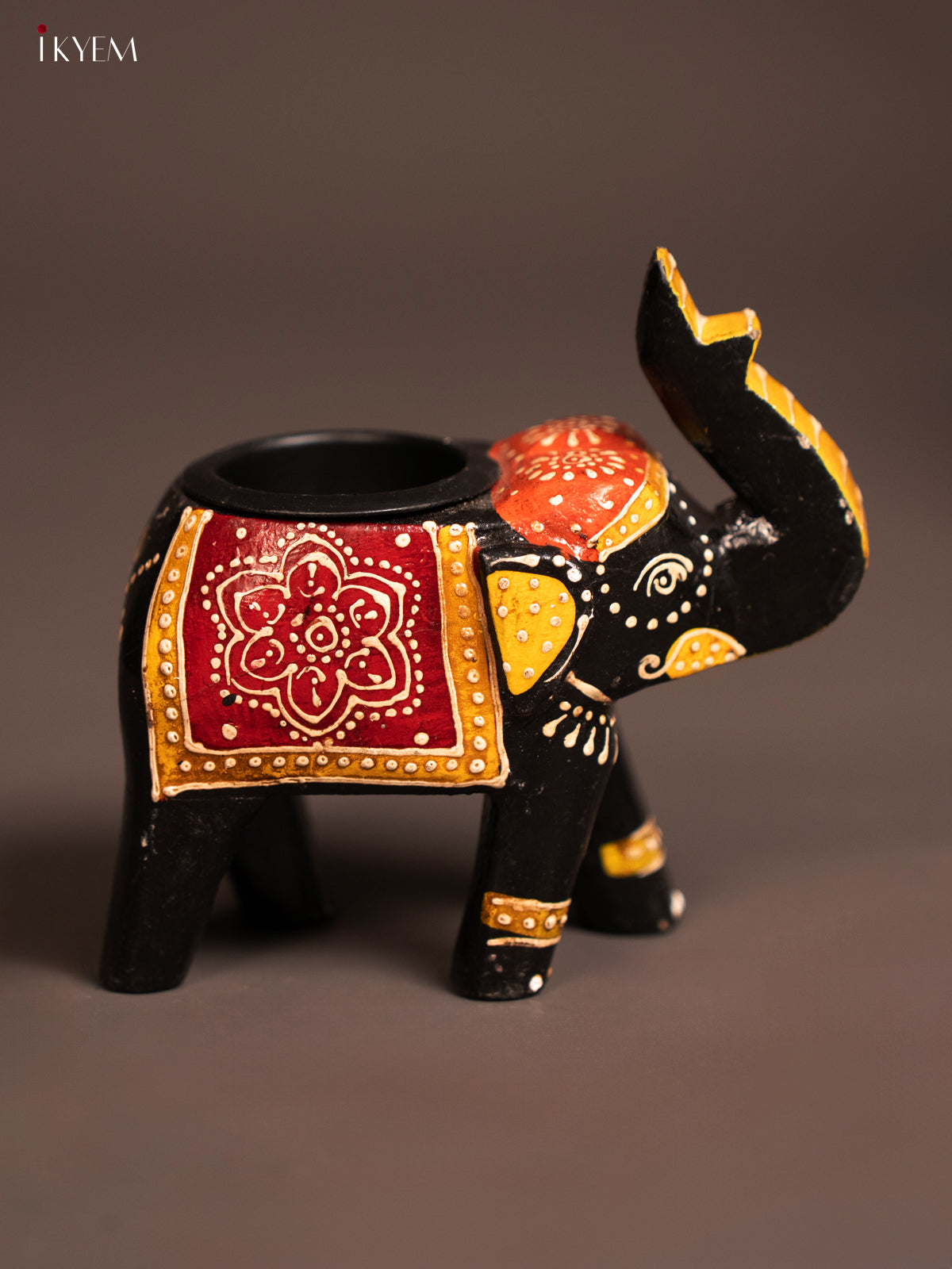 Wooden Hand painted T lite elephant - Black - KE24116