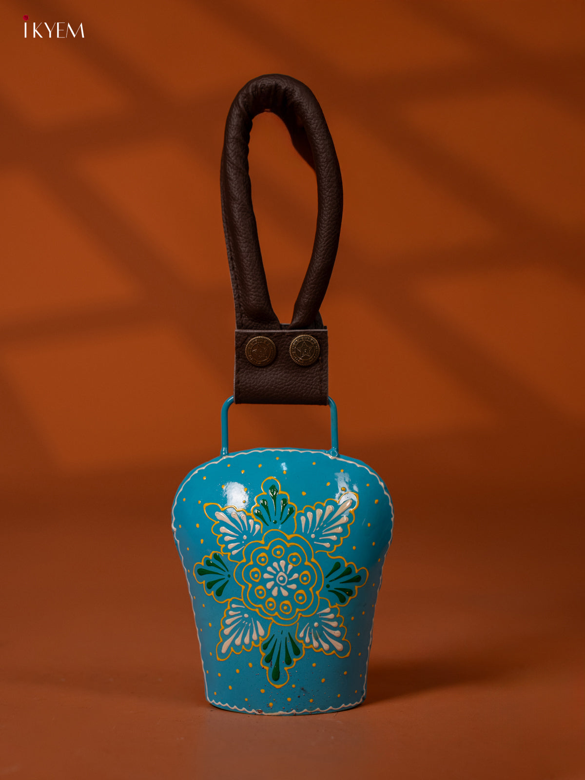 Hand Painted Cow Bell with Leather Handle - Medium - Blue - KE27156