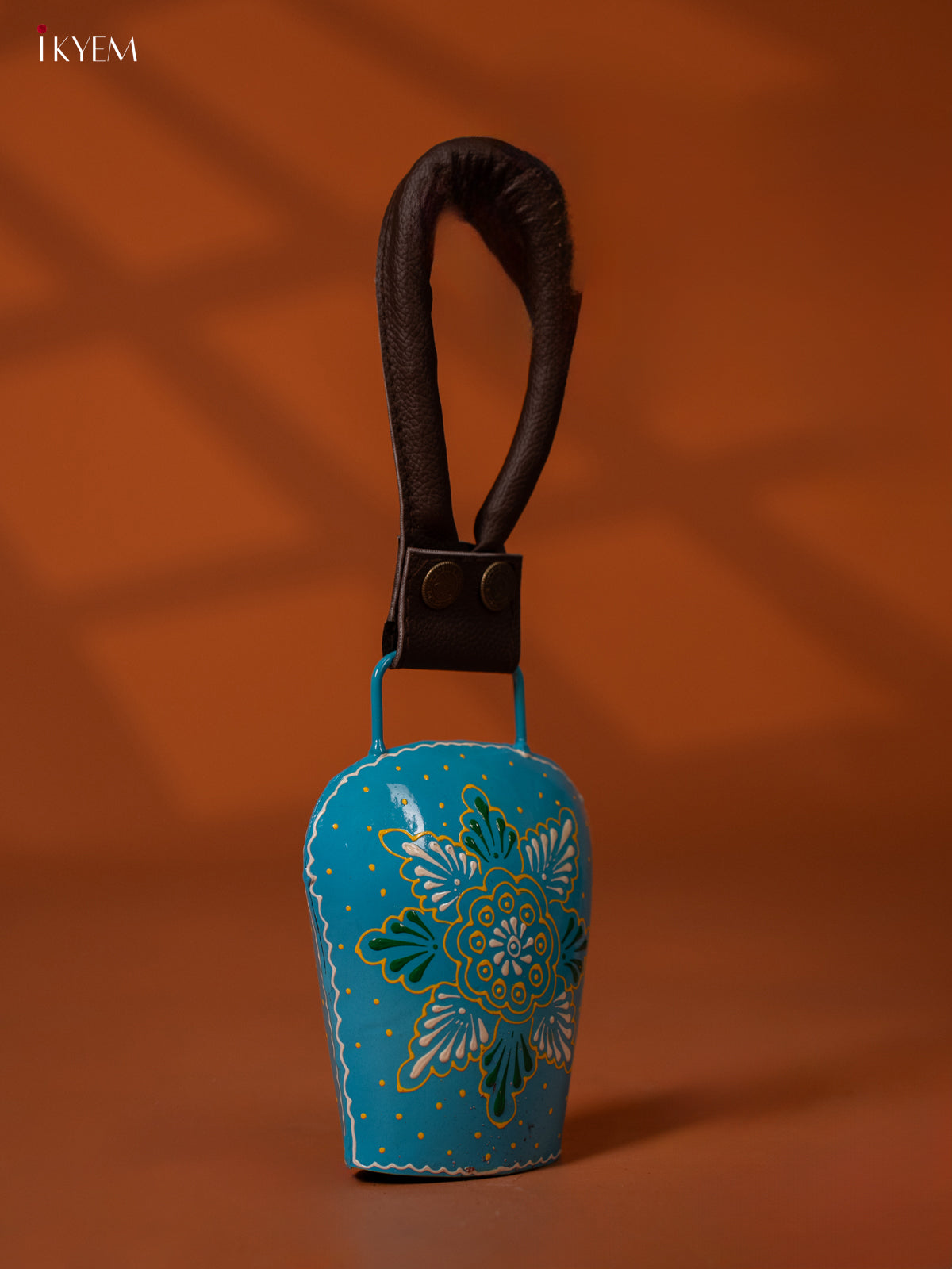 Hand Painted Cow Bell with Leather Handle - Medium - Blue - KE27156