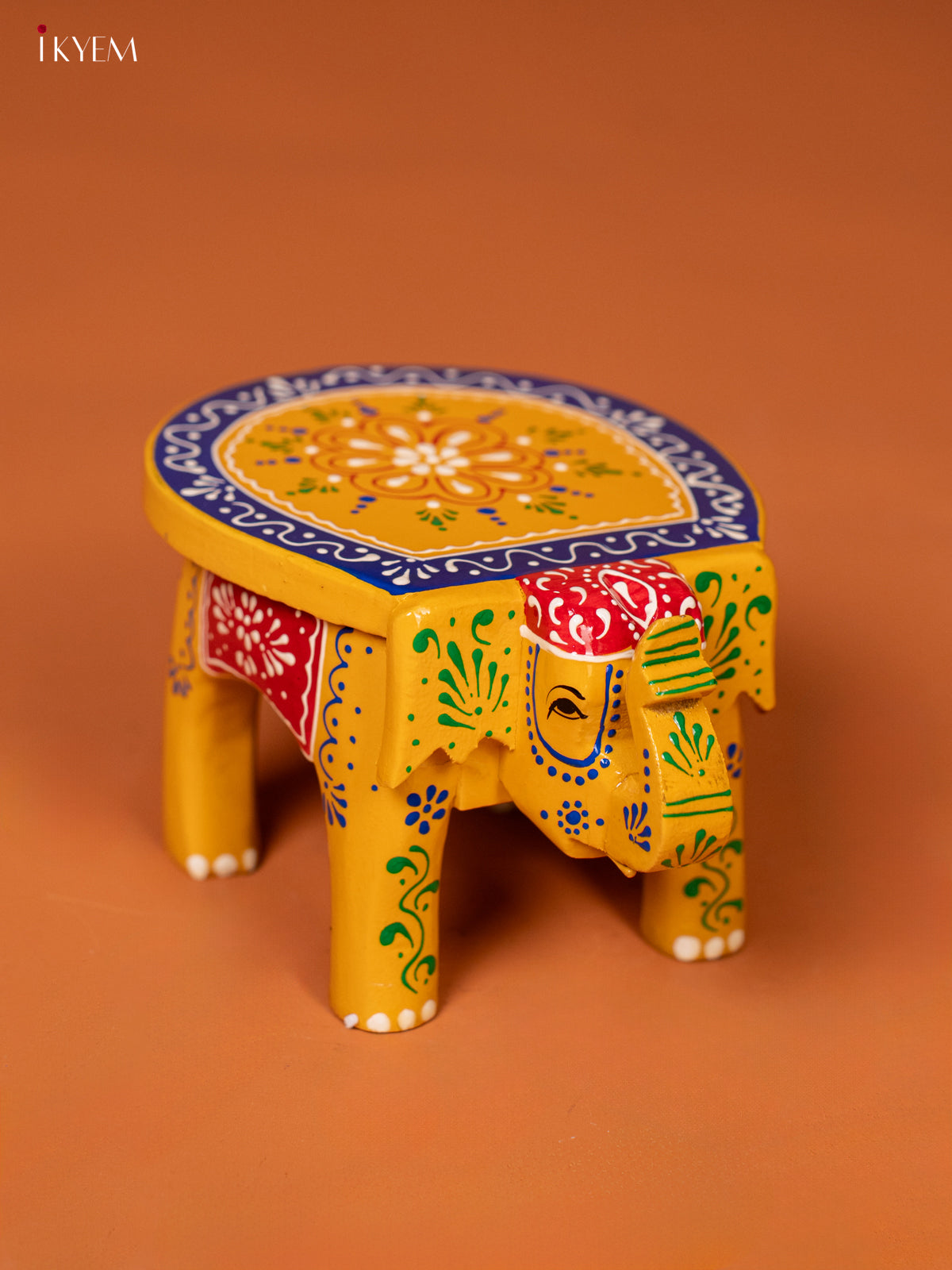 wooden Hand Painted elephant stool 4 inch - Yellow - KE27206