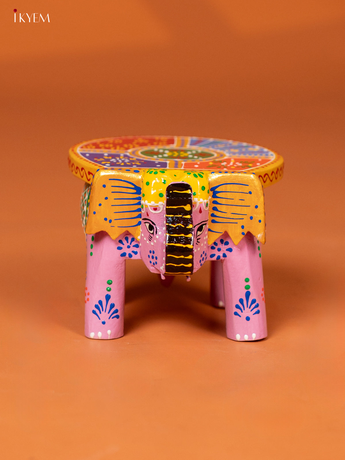wooden Hand Painted elephant stool 4 inch - Pink - KE27207