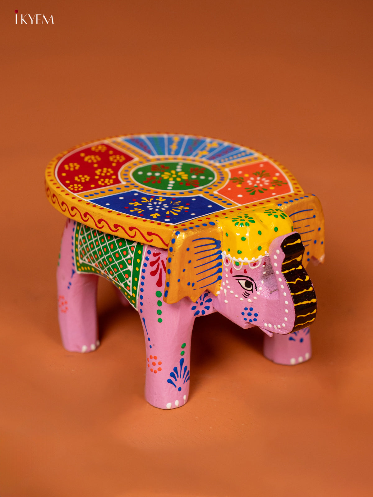 wooden Hand Painted elephant stool 4 inch - Pink - KE27207