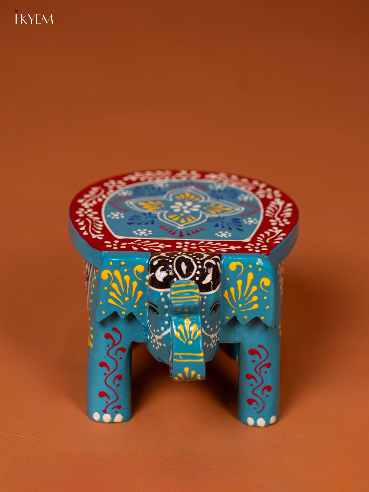 wooden Hand Painted elephant stool 4 inch - Blue - KE27208