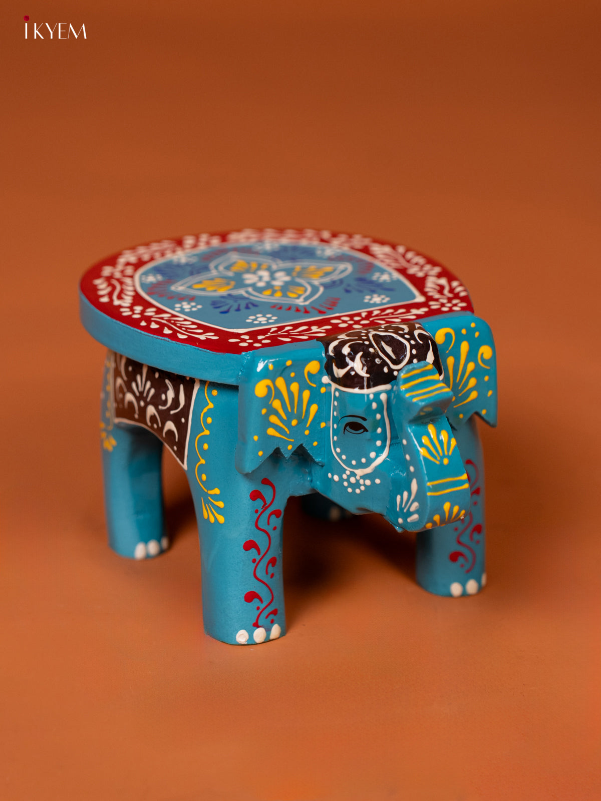 wooden Hand Painted elephant stool 4 inch - Blue - KE27208