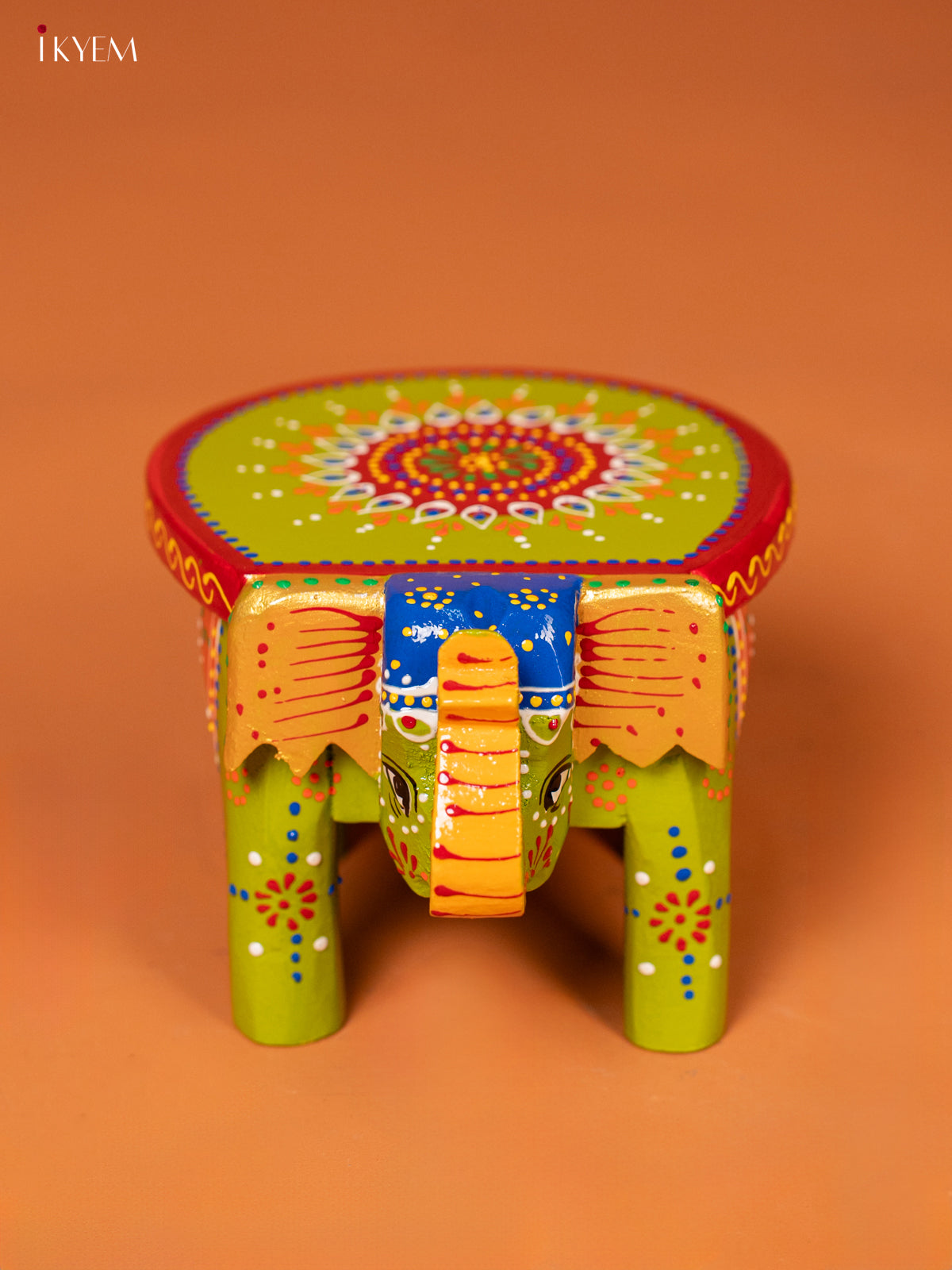 Wooden Hand Painted elephant stool 4 inch - Green - KE27210