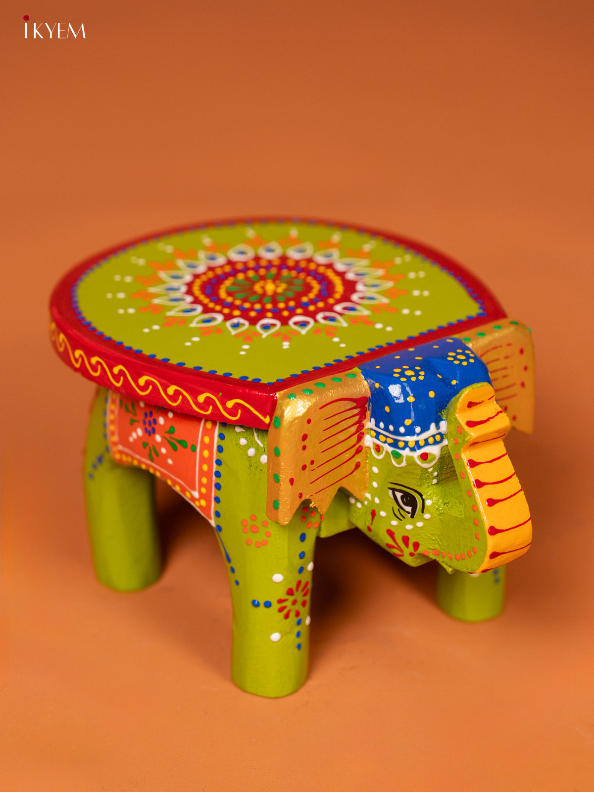 Wooden Hand Painted elephant stool 4 inch - Green - KE27210