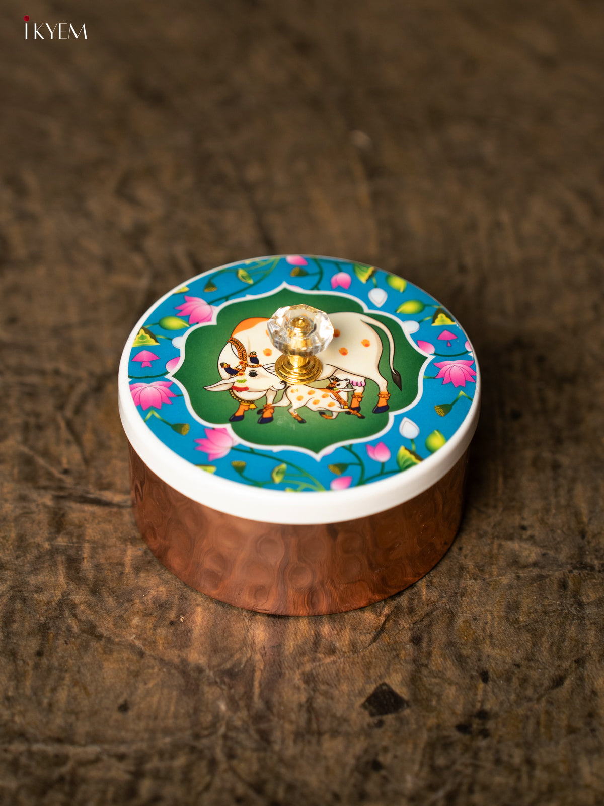 Digital Printed Copper Dry Fruit Jar - Pichwai Cow - BLUE KE28132