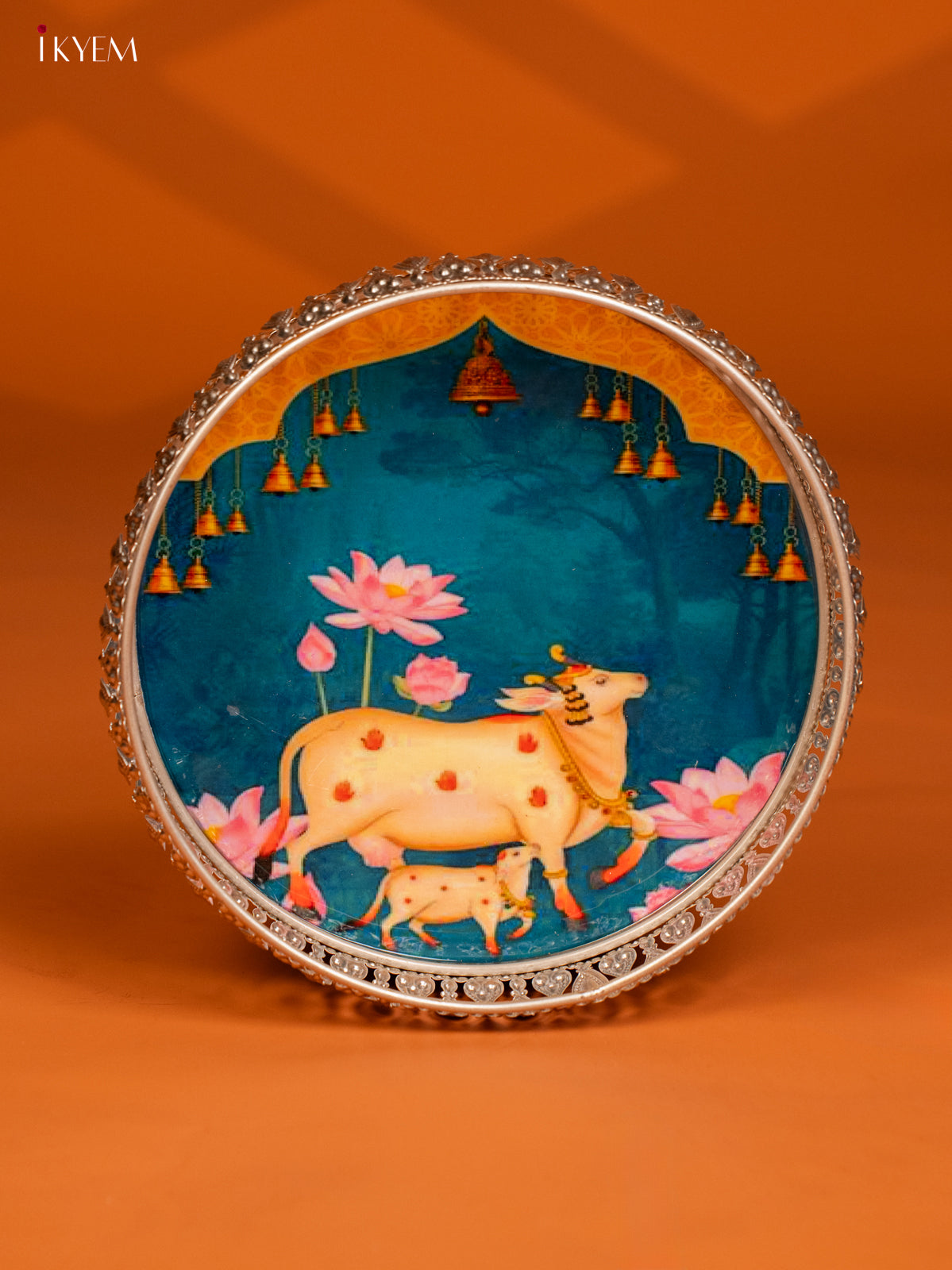 Digital Printed German Silver Tray - 8 Inch - Cow & Calf - Blue - KE28147