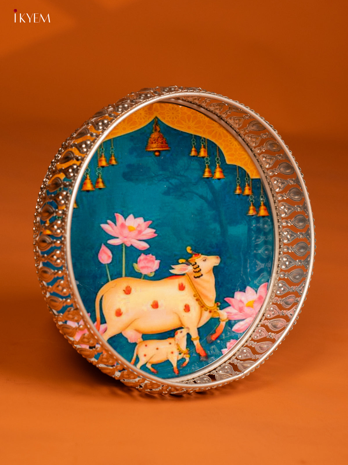 Digital Printed German Silver Tray - 8 Inch - Cow & Calf - Blue - KE28147