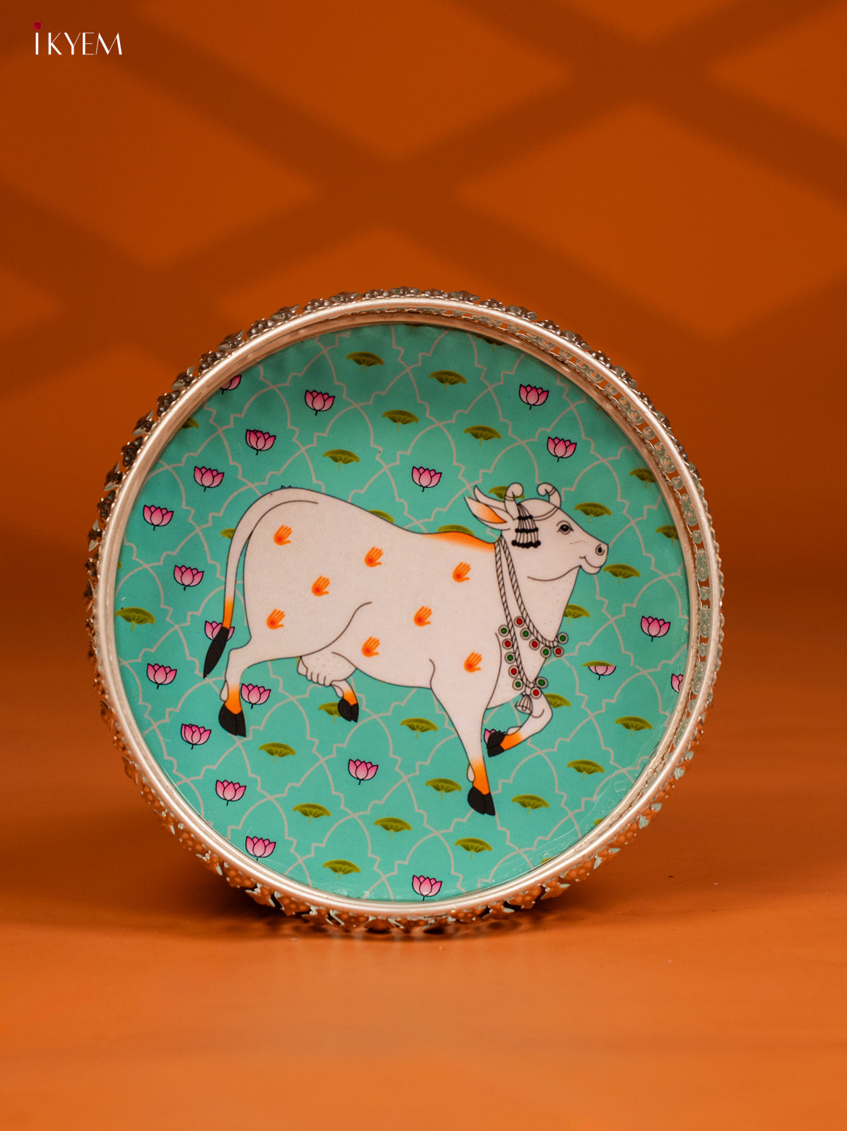Digital Printed German Silver Tray- 8 Inch - Cow - Sky Blue -KE28150