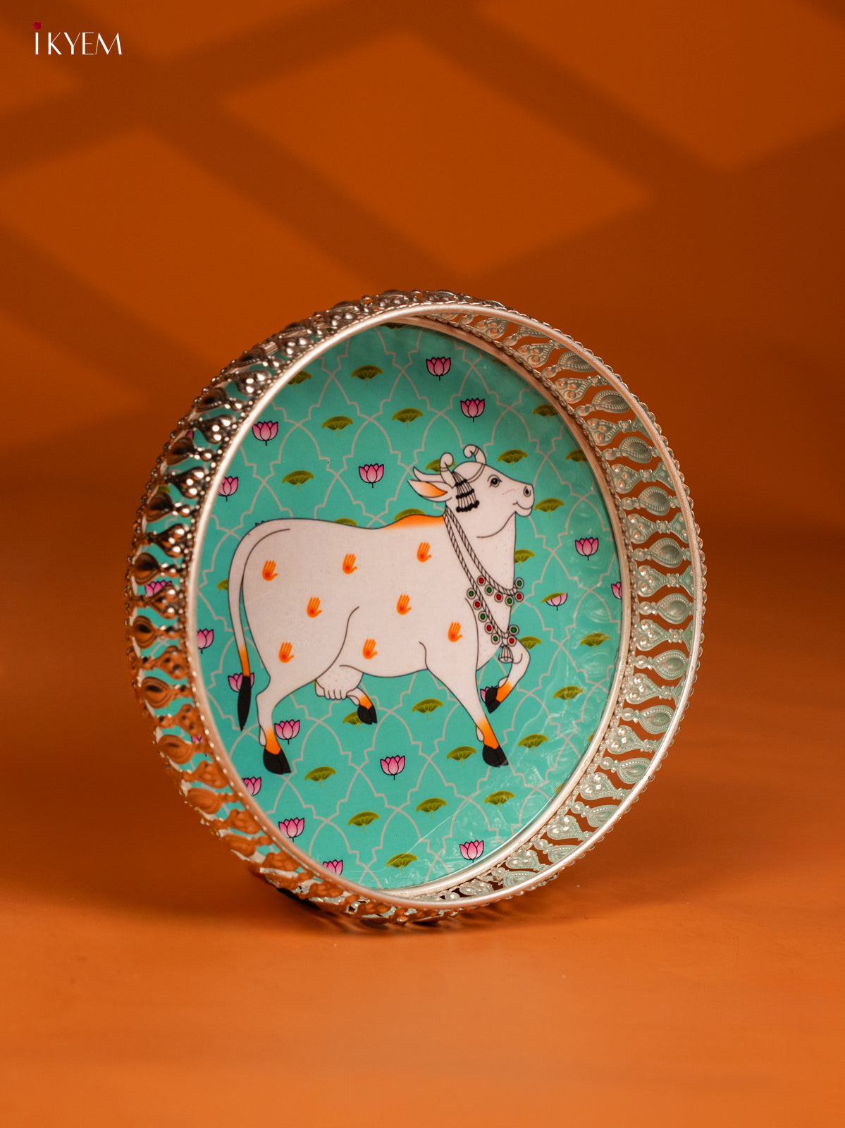 Digital Printed German Silver Tray- 8 Inch - Cow - Sky Blue -KE28150