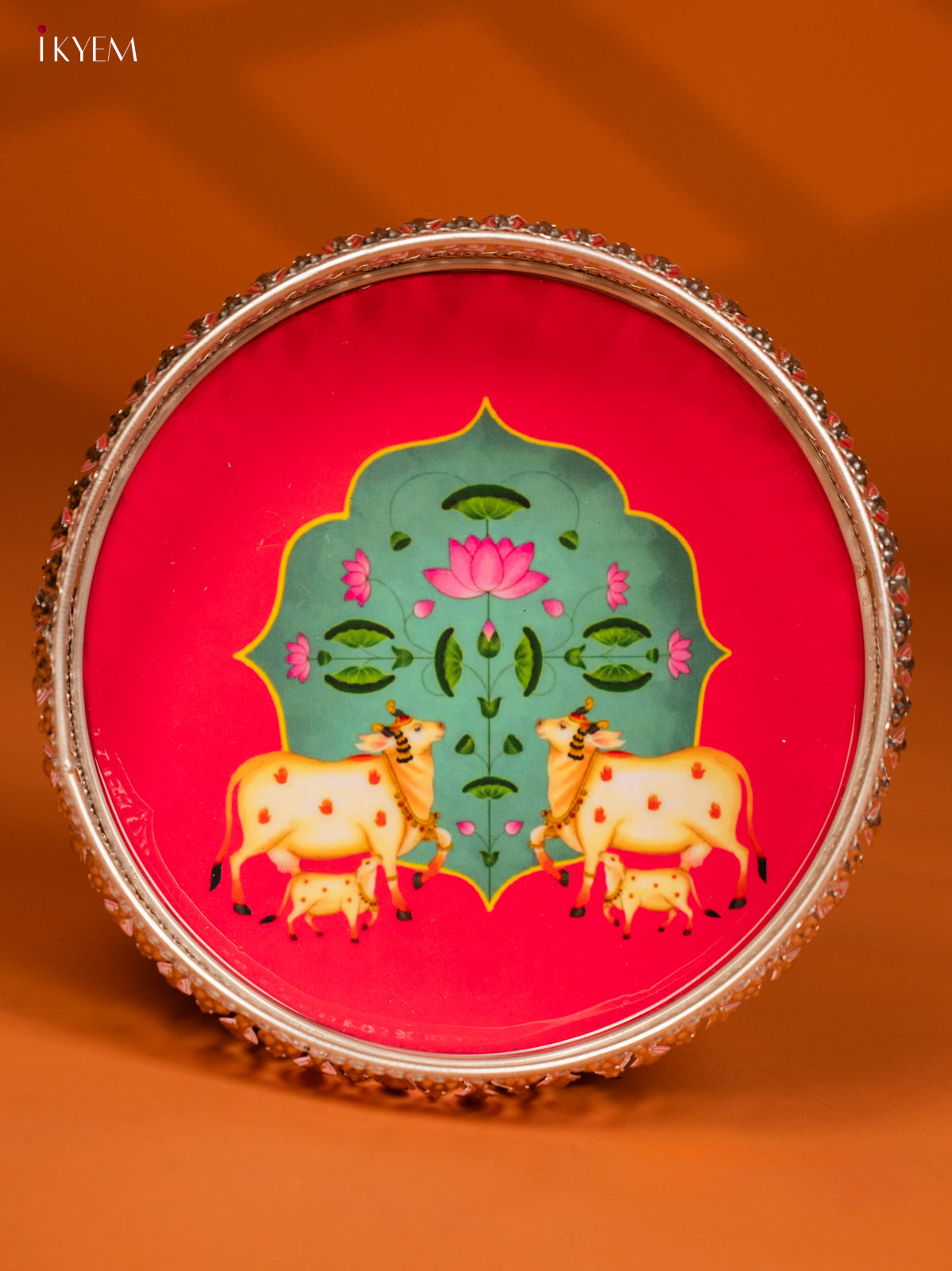 Digital Printed German Silver Tray - 8 Inch - Cow & Calf - Pink - KE28151