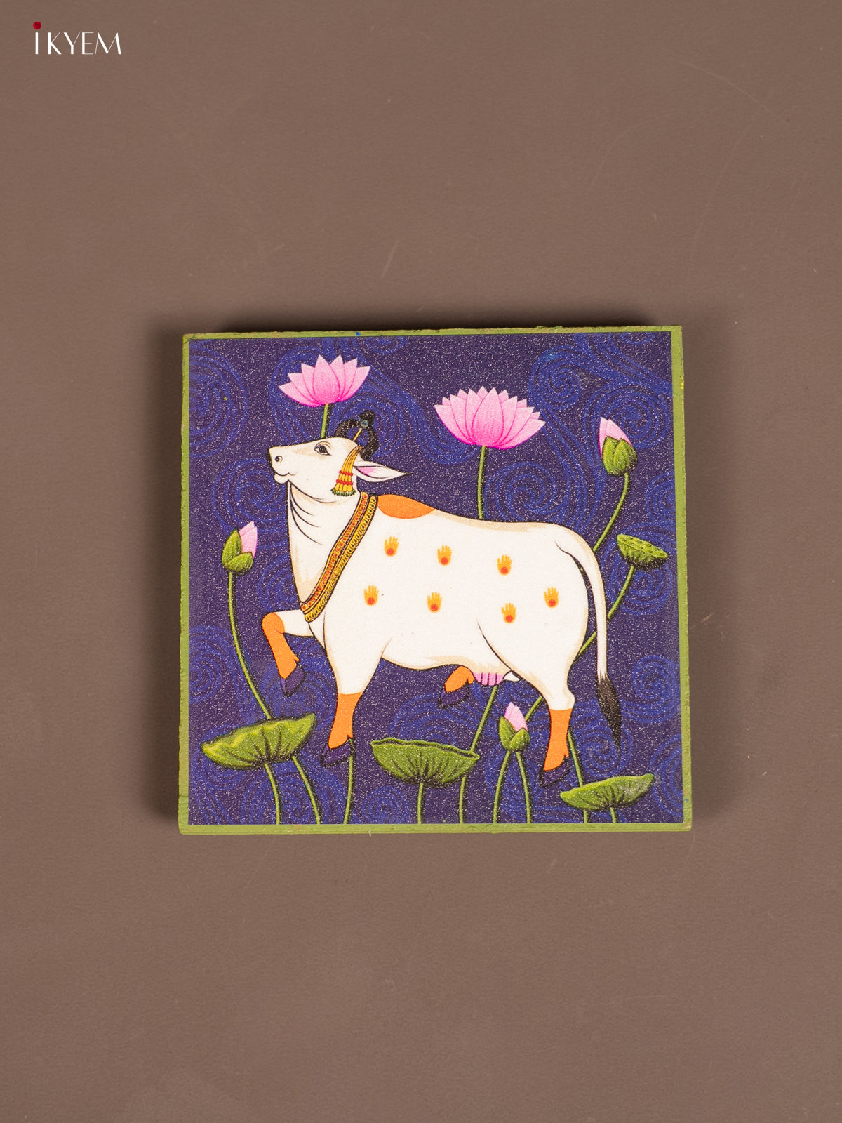 Blue & Green Pichwai Cow Printed Wooden Manai - KE29154