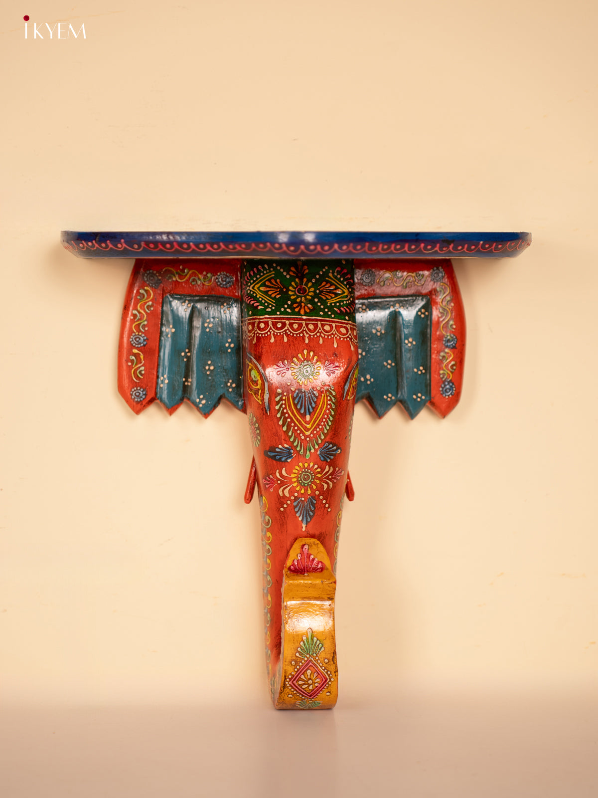 Wooden Wall stand/shelf/bracket Elephant face - small- Orange with Blue - KE29190