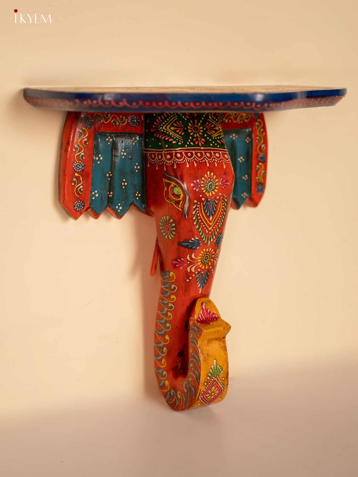 Wooden Wall stand/shelf/bracket Elephant face - small- Orange with Blue - KE29190