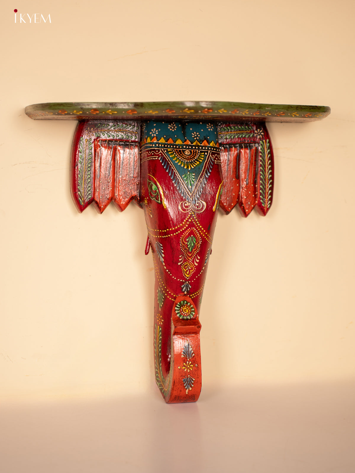 Wooden Wall stand/shelf/bracket Elephant face - Big - Red with Green - KE29191