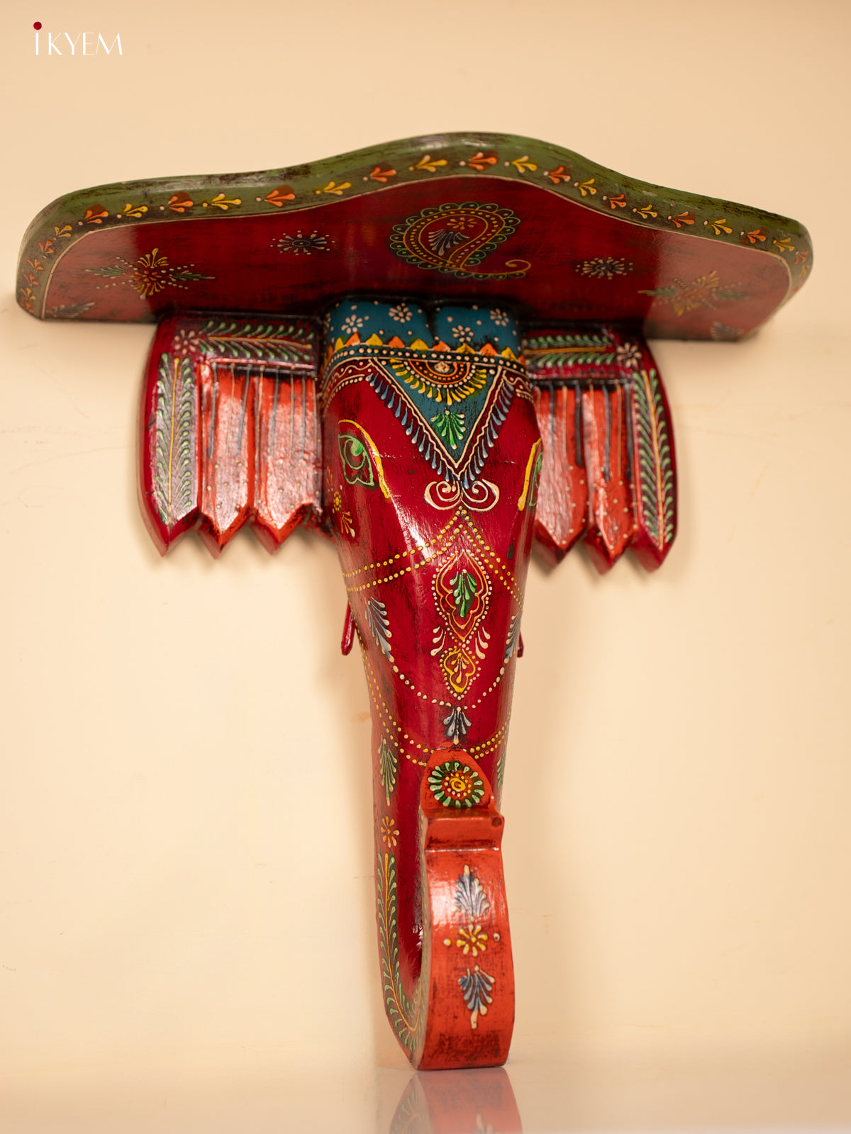 Wooden Wall stand/shelf/bracket Elephant face - Big - Red with Green - KE29191