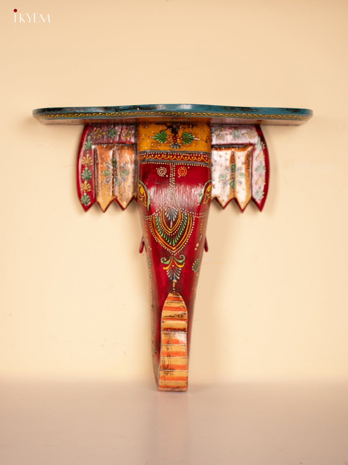 Wooden Wall stand/shelf/bracket Elephant face - Big - Red with Blue - KE29192