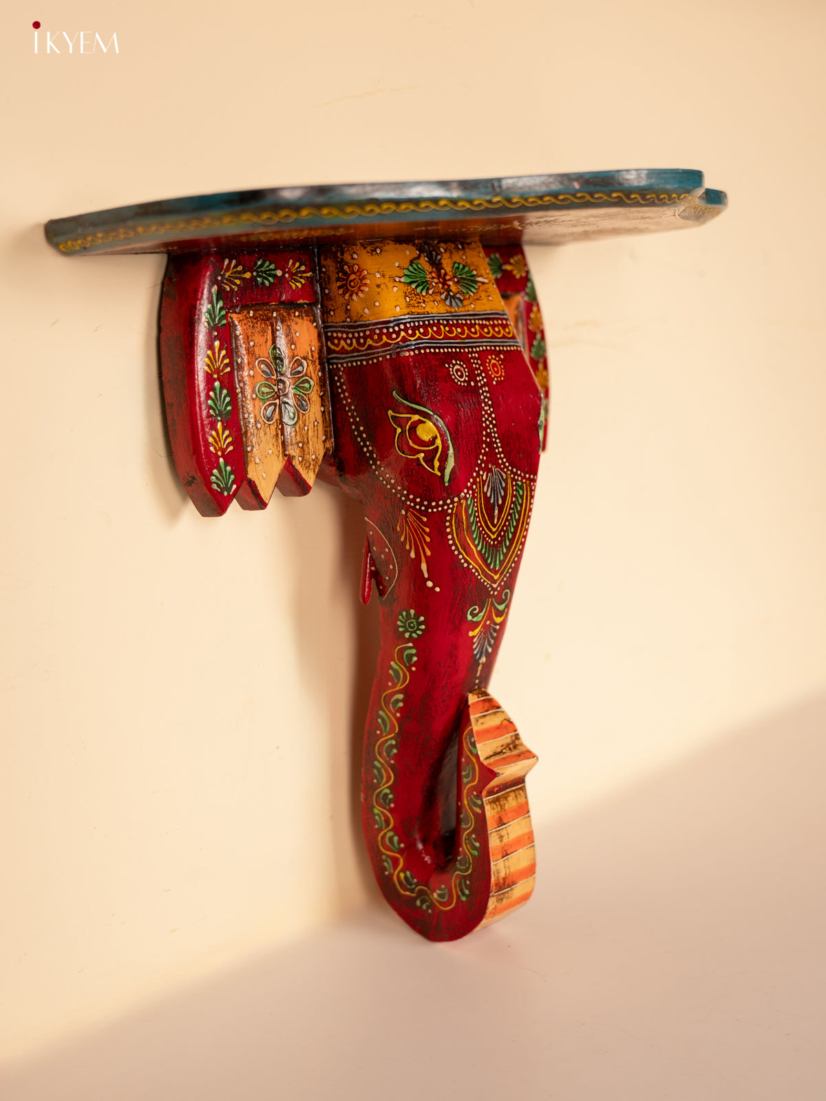 Wooden Wall stand/shelf/bracket Elephant face - Big - Red with Blue - KE29192