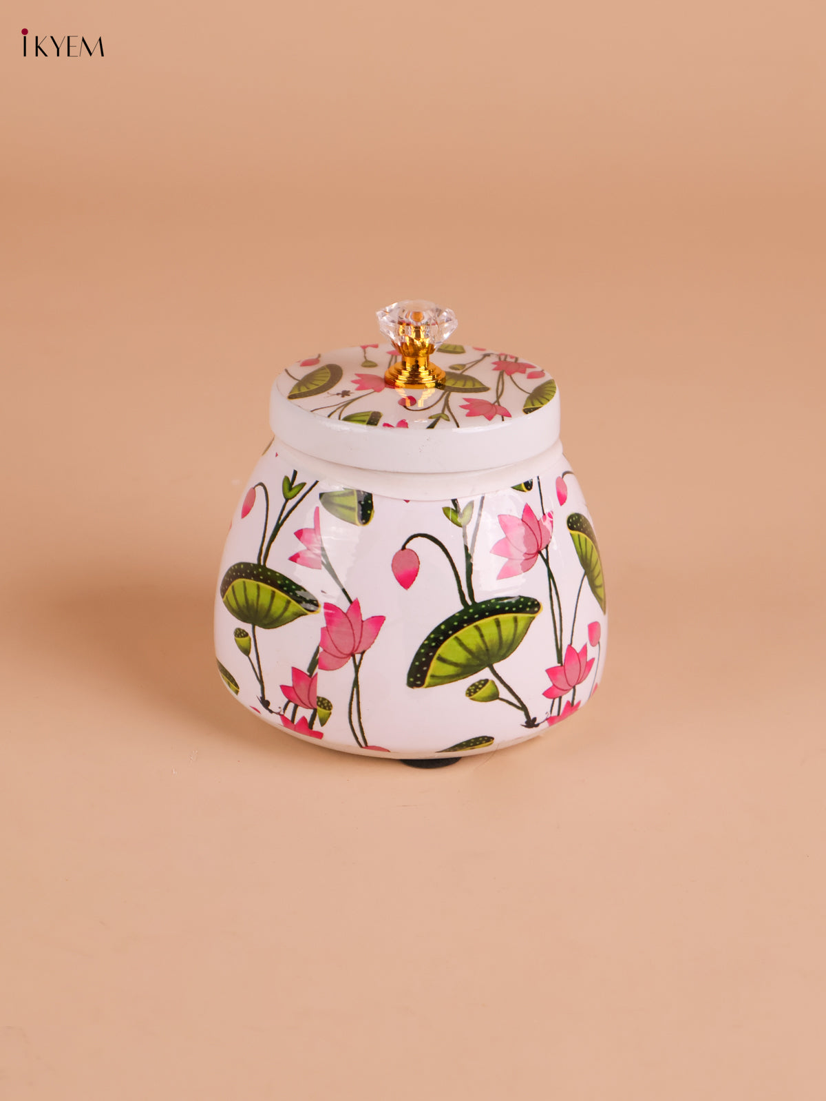 Lotus Printed Nuts Jar-White 4 inch-KEI22001