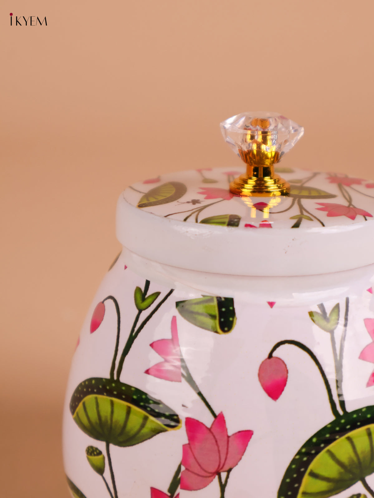 Lotus Printed Nuts Jar-White 4 inch-KEI22001