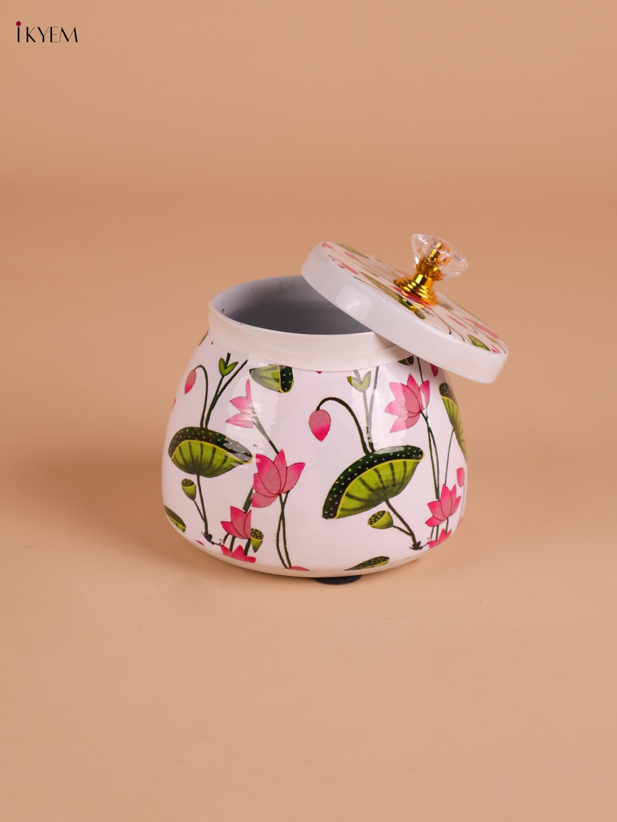 Lotus Printed Nuts Jar-White 4 inch-KEI22001