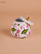 Lotus Printed Nuts Jar-White 4 inch-KEI22001