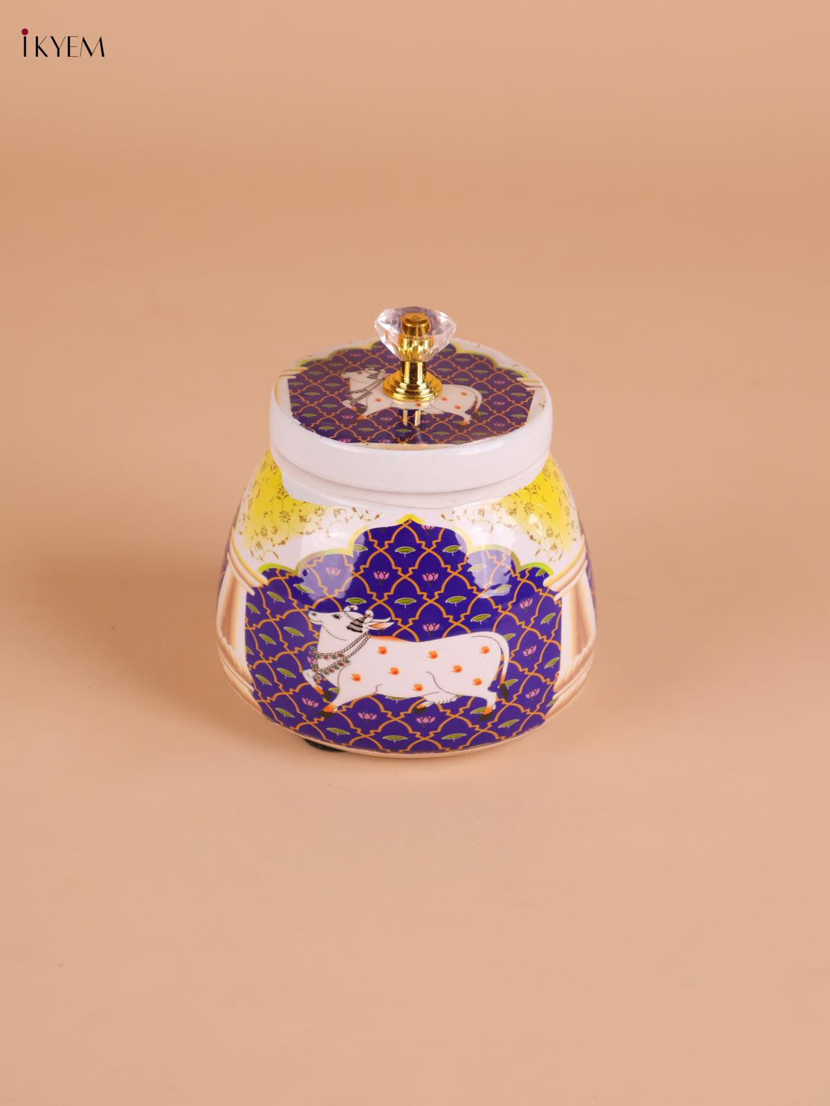 Pichwai Cow Printed Nuts Jar-Blue&yellow-4inch-KEI22002
