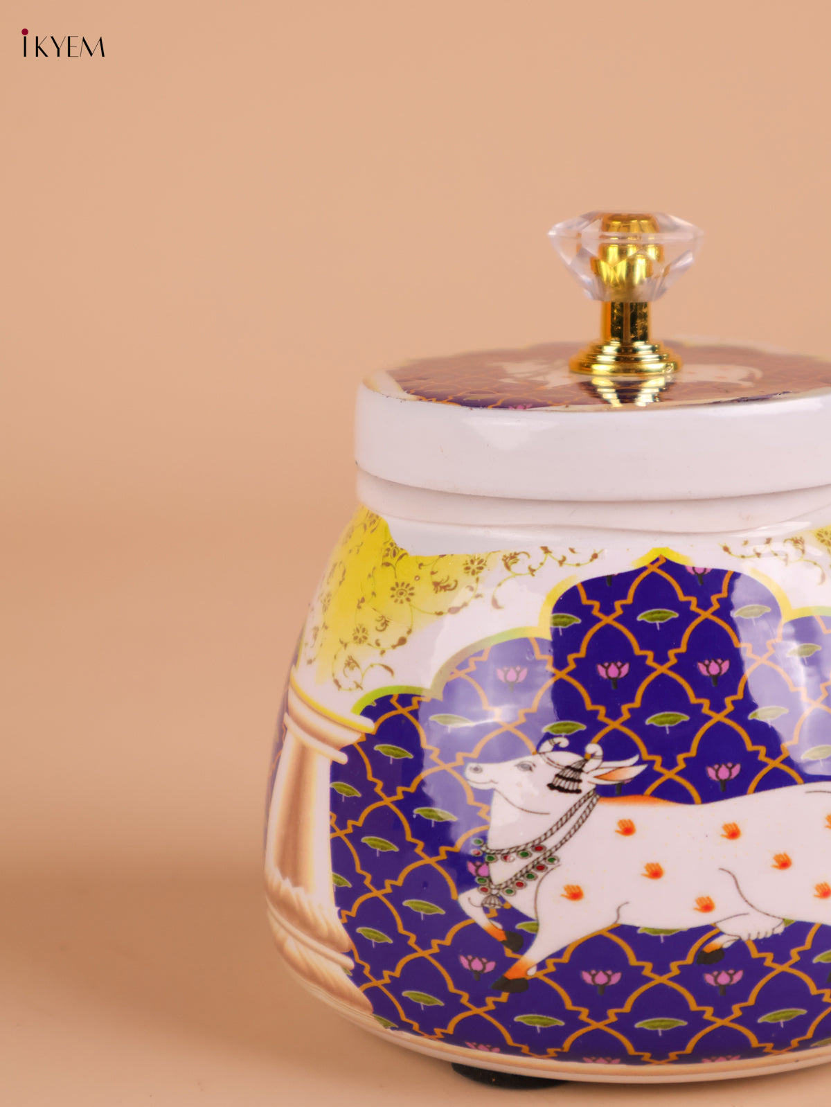 Pichwai Cow Printed Nuts Jar-Blue&yellow-4inch-KEI22002
