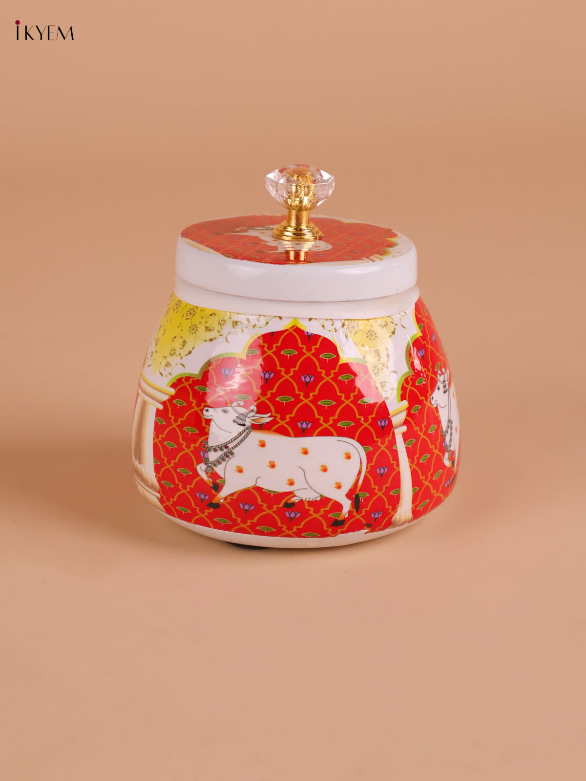 Pichwai Cow Printed Nuts Jar-Red-4inch-KEI22003