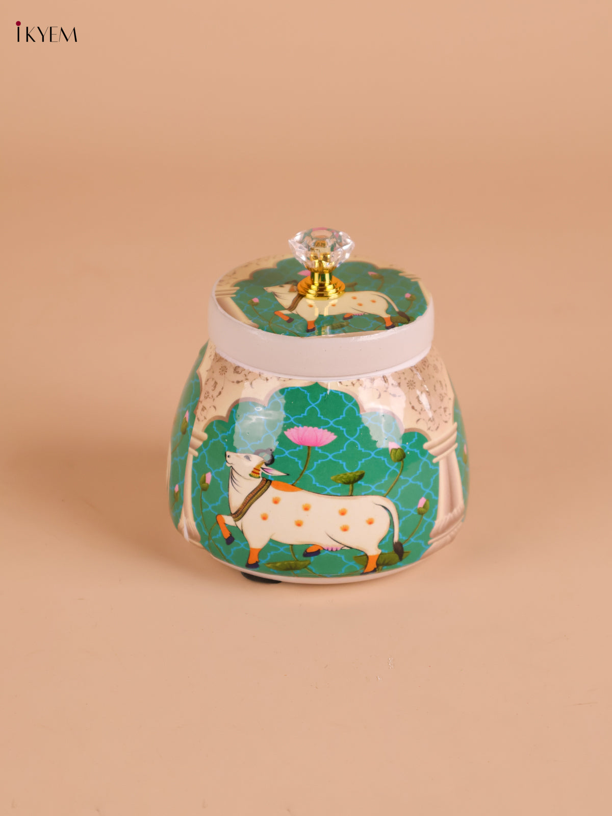 Pichwai Cow Printed Nuts Jar-Light Green -4inch-KEI22005