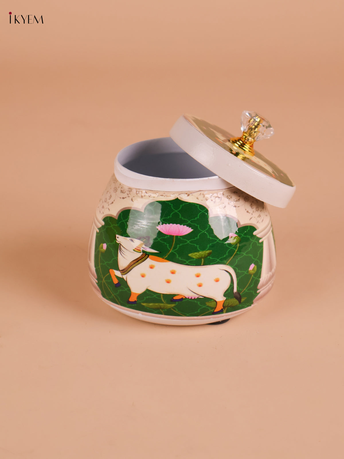 Pichwai Cow Printed Nuts Jar-Green -4inch-KEI22007