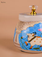 Pichwai Cow Printed Nuts Jar- Blue-4inch-KEI22009