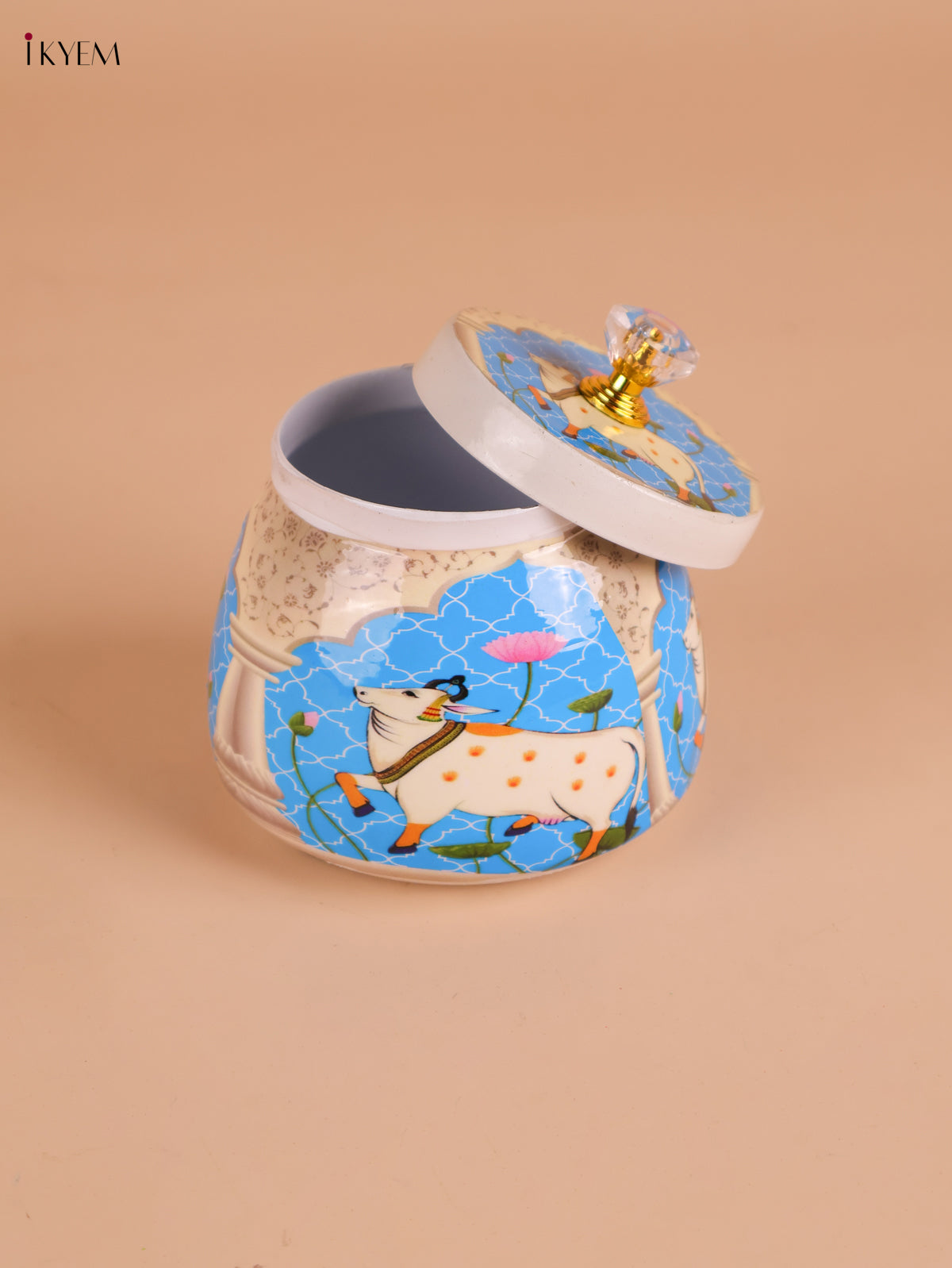 Pichwai Cow Printed Nuts Jar- Blue-4inch-KEI22009