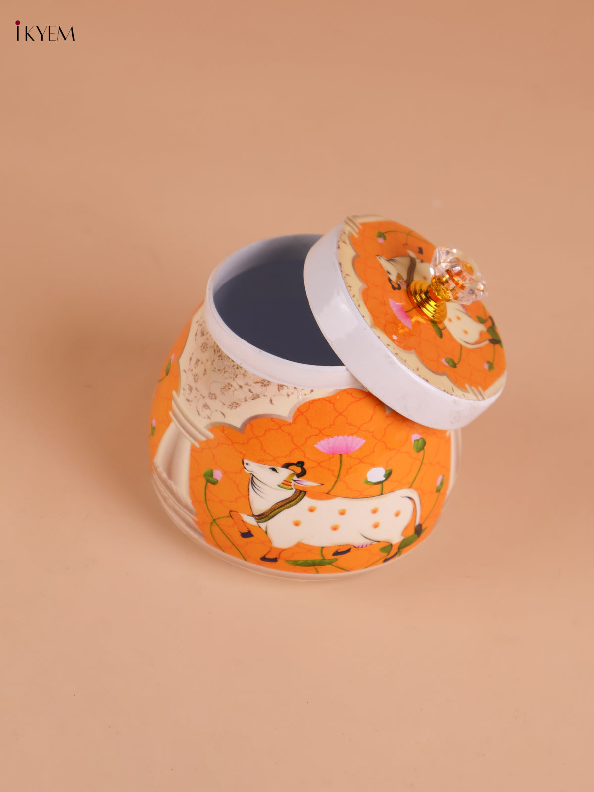 Pichwai Cow Printed Nuts Jar- Yellow&Cream-4inch-KEI22010