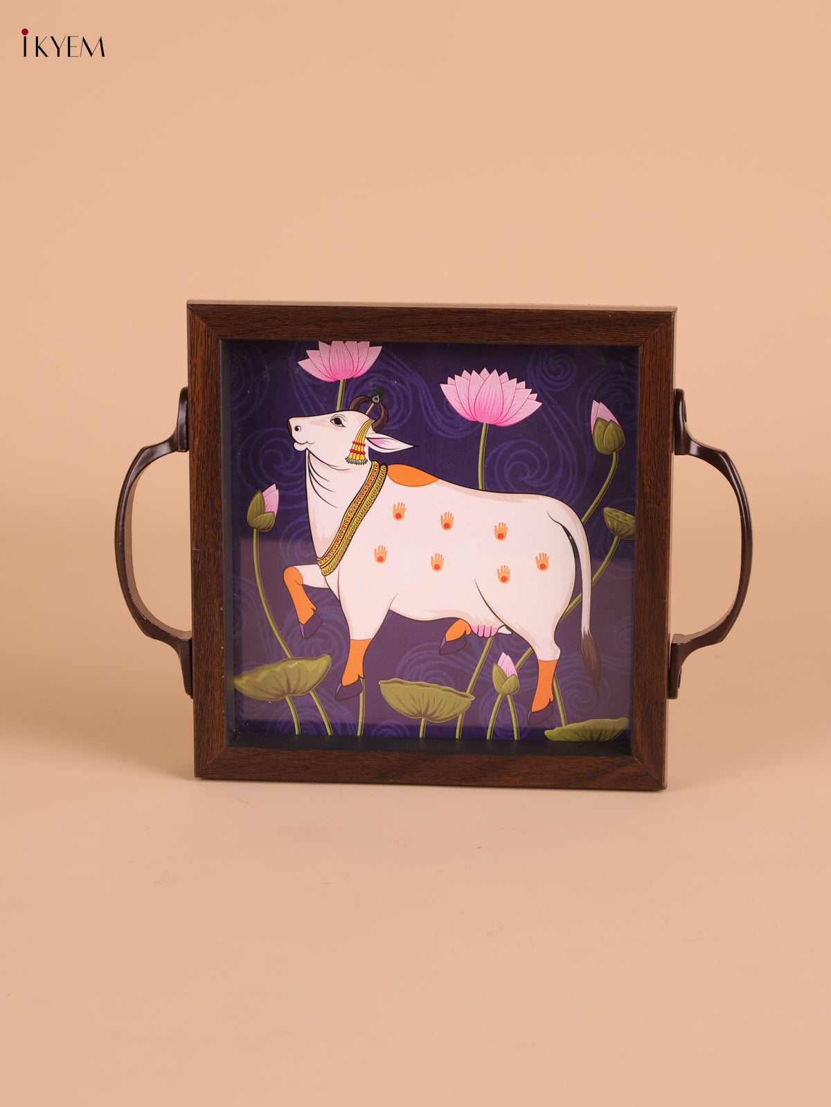 Pichwai Cow Printed Wooden Tray-Blue(6x6)